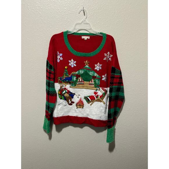Women’s It's Our Time Ugly Christmas Sweater Camping Santa & Reindeer? Size XL - Picture 2 of 4